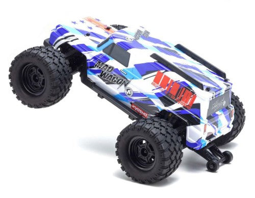 Blue EP RS KB10 VE Mad Wagon monster truck, 1/10 scale, 75km/h, 4WD, durable chassis, iconic 1980s van design, ready to race.