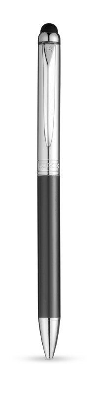 Elegantly designed Luxe Vincenzo Pen Set with roller ball and twist-action pen, featuring chrome and graphite accents in gift box.