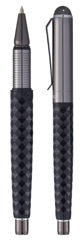 Luxe Tactical Grip Pen Set featuring aluminium ballpoint and rollerball pens with geometric detailing and sleek graphite barrels.