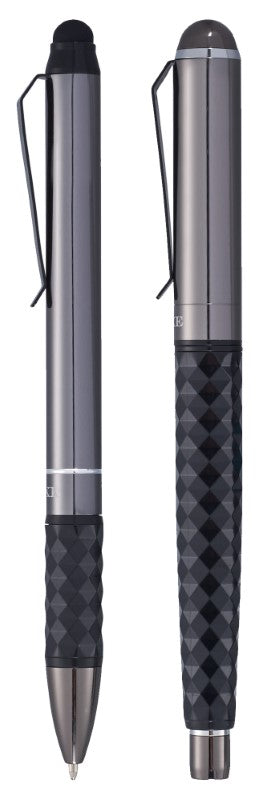 Luxe Tactical Grip Pen Set featuring sleek graphite barrels, ergonomic design, and edgy geometric detailing in a gift box.