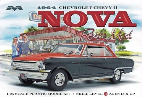 Detailed 1/25 scale model kit of the '64 Chevy Nova Resto Mod, ideal for car enthusiasts and custom builders.