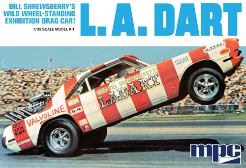 1/25 scale model kit of the LA Dart Wheelstander featuring a 426 Hemi engine, chrome details, and drag slicks for vintage racing enthusiasts.