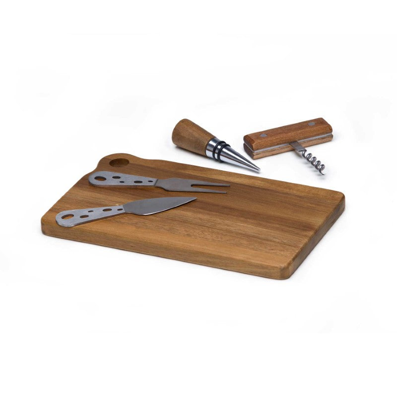 Apero Fromage Set: Elegant acacia wood cheese board with stainless steel tools, perfect for wine and cheese gatherings.