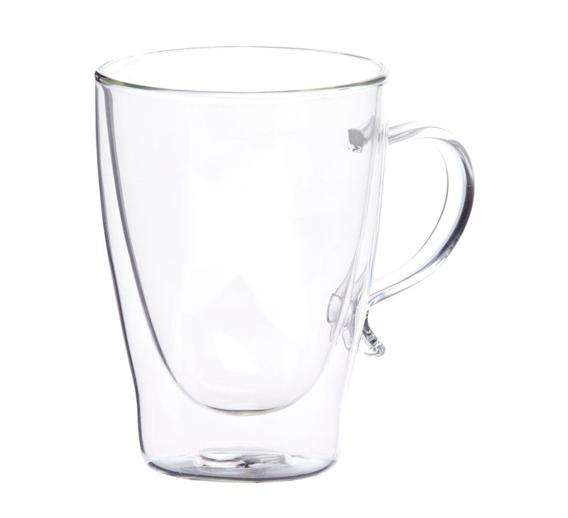 Elegant double-walled glass coffee cups, 310ml capacity, perfect for showcasing hot beverages and keeping hands cool.