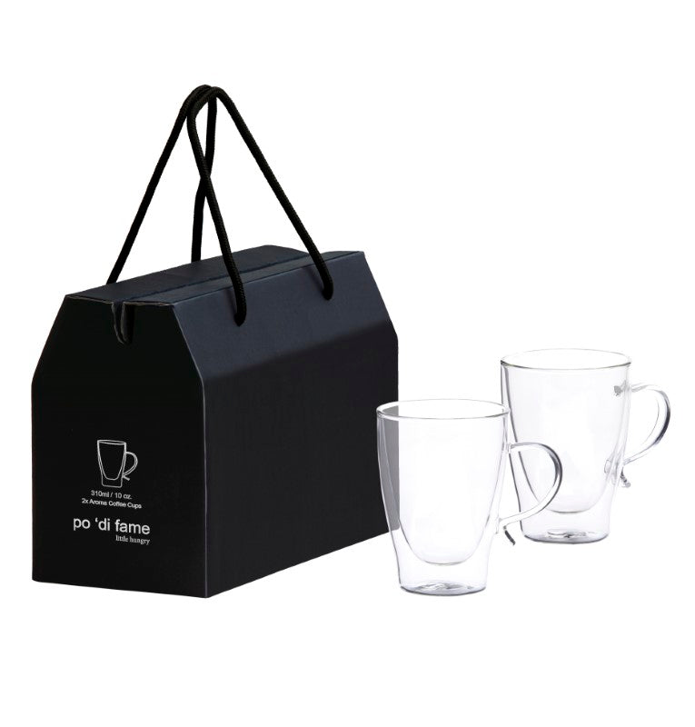Aroma Glass Coffee Cup Set in elegant double-walled glass, 310ml capacity for a superior coffee experience.