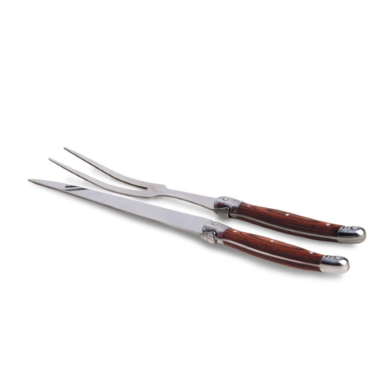 Bordeaux Carving Set featuring stainless steel knife and fork with rosewood pakkawood handles, presented in a gift box.