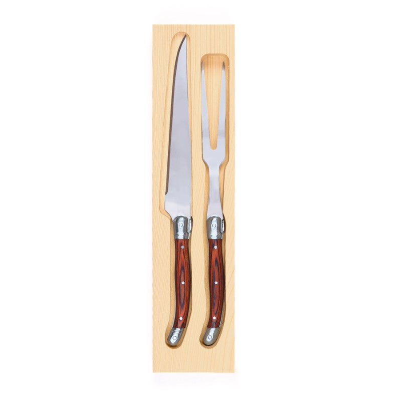 Elegant Bordeaux Carving Set featuring a 6.5” knife and 5.5” fork with rosewood pakkawood handles, perfect for festive dining.