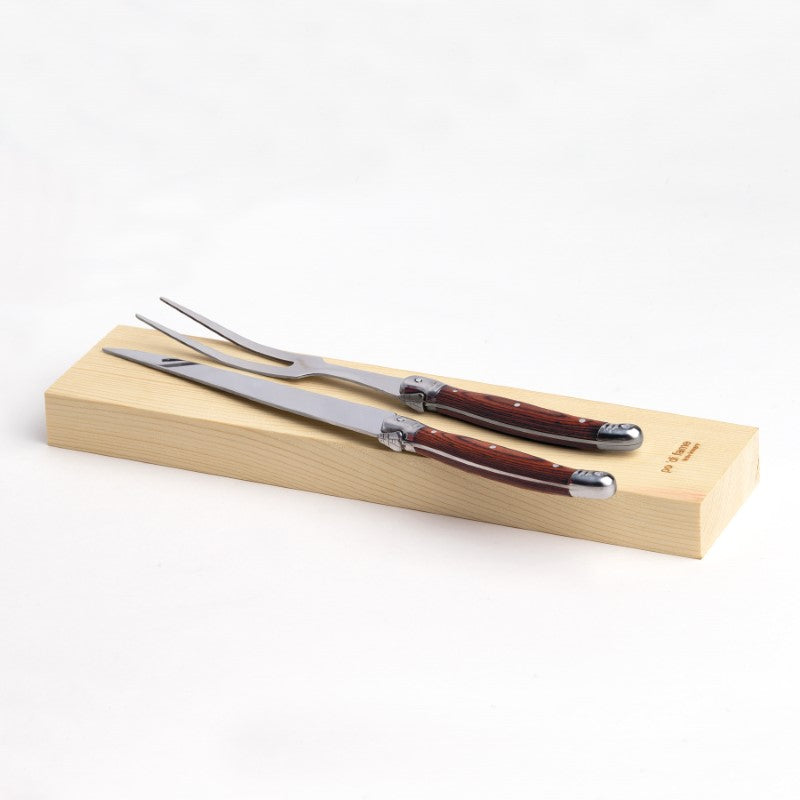 Elegant Bordeaux Carving Set featuring stainless steel knife and fork with rosewood pakkawood handles, presented in a gift box.