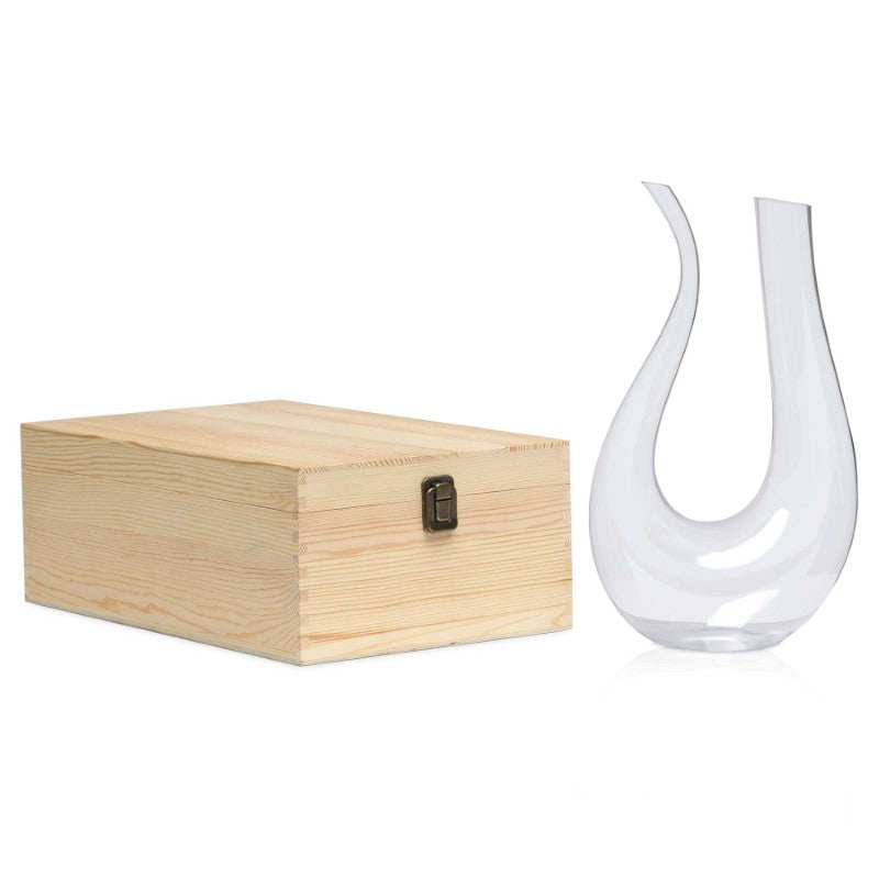 Elegant Barolo Wine Decanter in lead-free crystal, designed to aerate wine, housed in a bespoke pine presentation box.