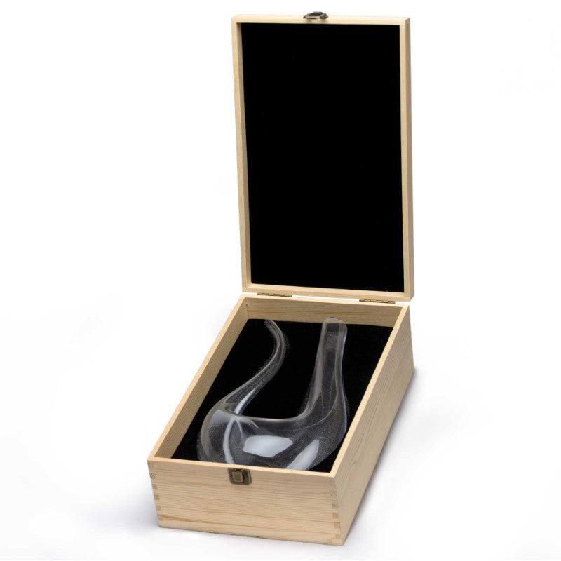 Elegant lead-free crystal Barolo wine decanter with abstract design, housed in a natural pine presentation box.