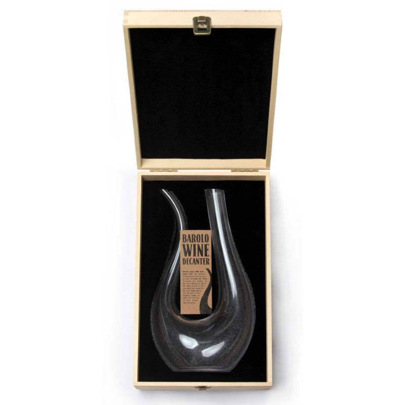 Elegant Barolo Wine Decanter in lead-free crystal, designed to aerate wine, presented in a bespoke pine box with antique hardware.