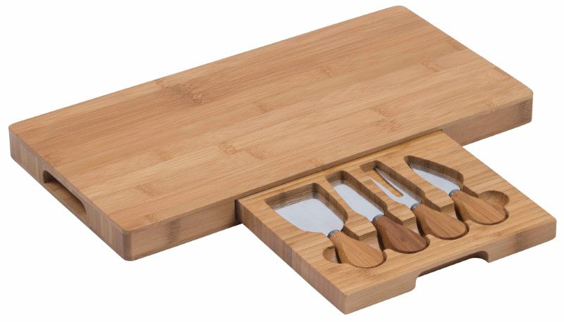 Gourmet Cheese Board Set featuring a bamboo platter, stainless steel utensils, and a retractable drawer for entertaining.