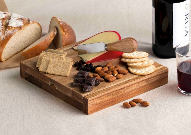 Elegant clamshell cheese board made from Acacia hardwood with stainless steel knives, perfect for gatherings and gifting.