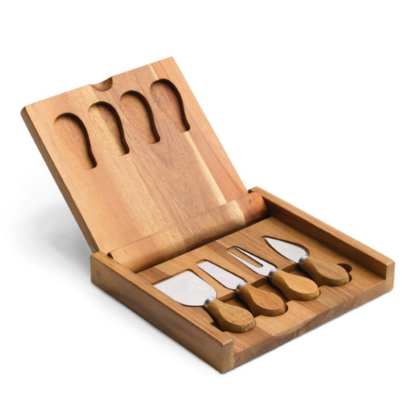 Elegant clamshell cheese board in Acacia hardwood with stainless steel utensils, perfect for serving at gatherings.