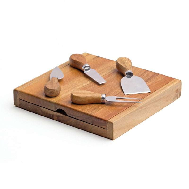 Elegant Clamshell Cheese Board crafted from Acacia hardwood, featuring hidden stainless steel utensils for stylish serving.
