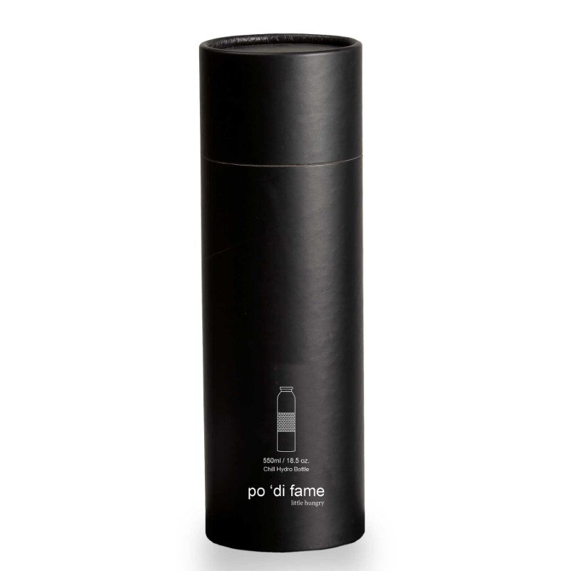 Chill Hydro Bottle in sleek stainless steel, insulated for 12hrs hot and 48hrs cold drinks, with leak-proof lid and grip band.