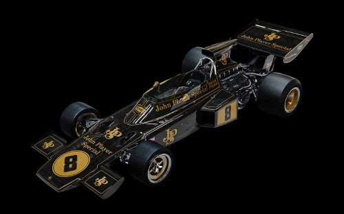 Diecast 1/8 scale replica of the F1 Lotus 72D, showcasing intricate details and authentic design from the 1970s racing era.