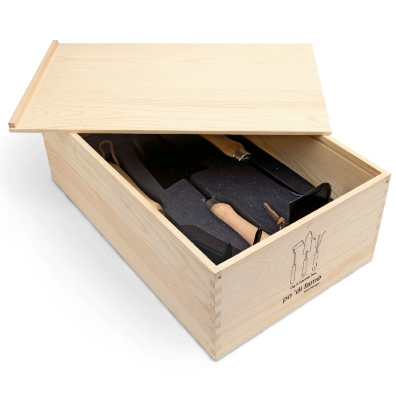 Premium 3-piece garden tool set in a pine wood box, featuring stainless steel tools with beech wood handles for easy gardening.