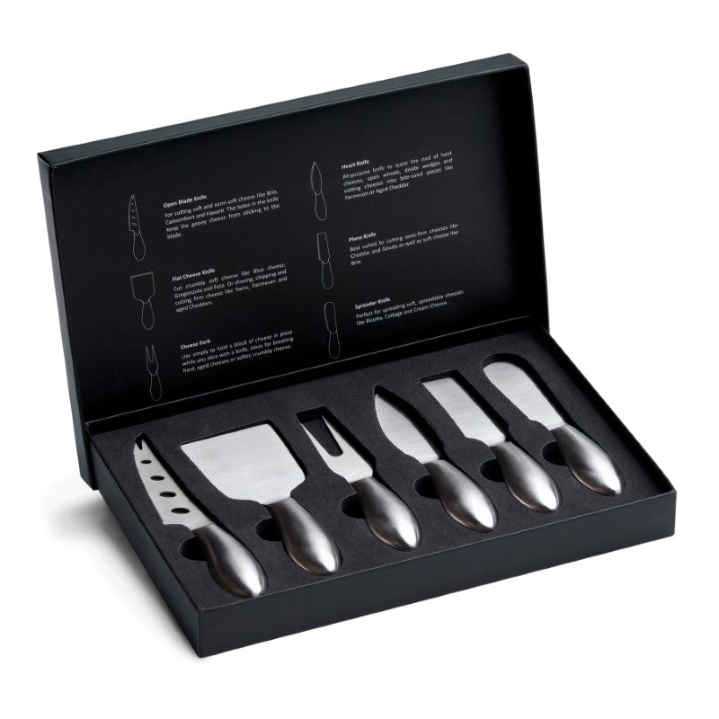 Elegant 6-piece stainless steel cheese knife set in a sleek black presentation box, ideal for cheese lovers and gourmet gatherings.