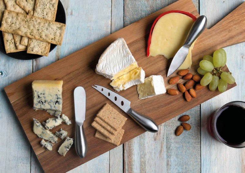 Elegant 6-piece stainless steel cheese knife set in a sleek black presentation box, perfect for cheese lovers and entertaining.