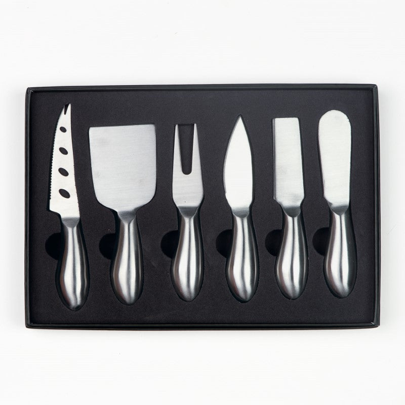 Elegant 6-piece stainless steel cheese knife set in a sleek black box, perfect for cheese lovers and gourmet enthusiasts.