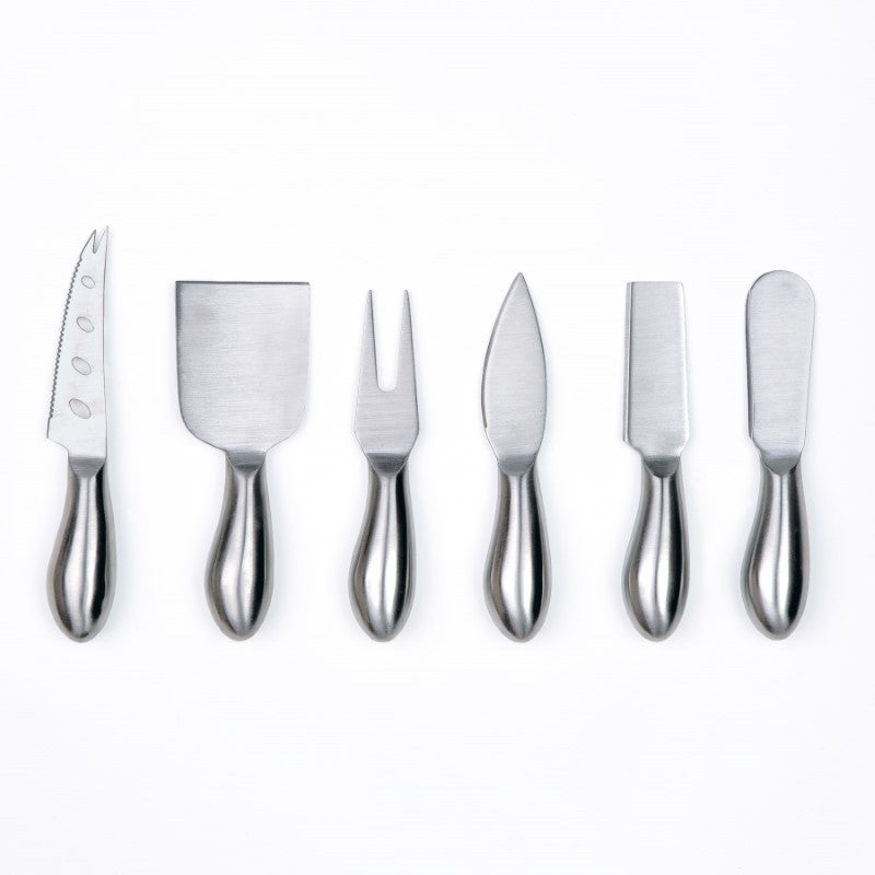 Elegant 6-piece cheese knife set in stainless steel, featuring various knives for gourmet cheese experiences, presented in a sleek box.