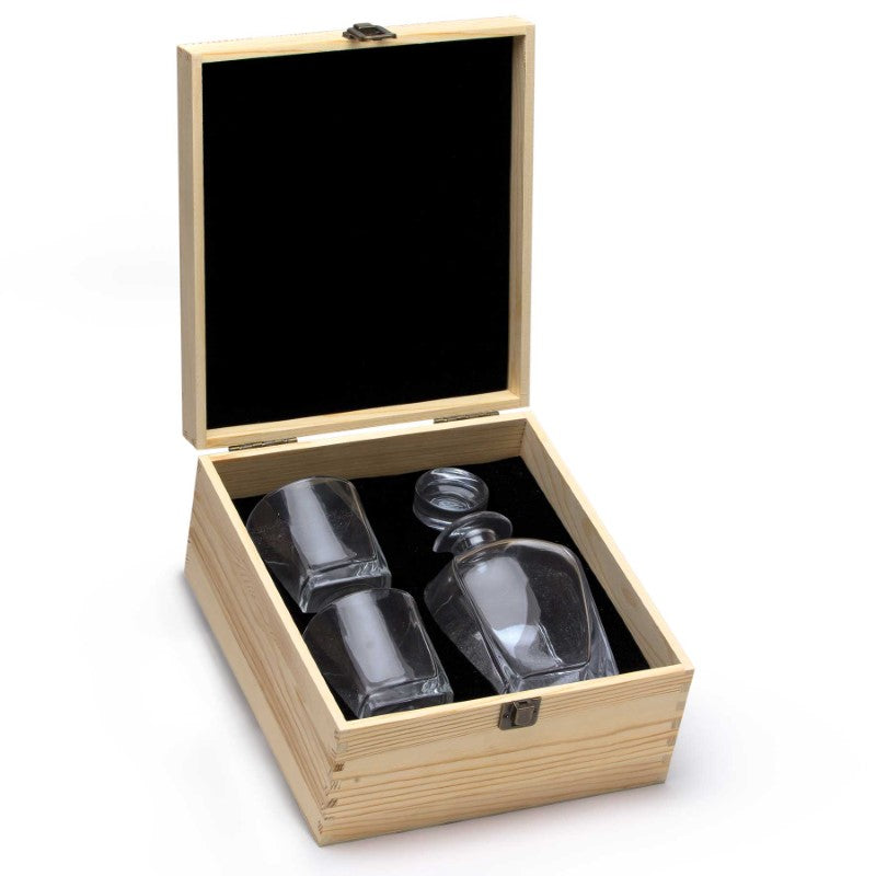 Islay Whisky Decanter Set featuring a lead-free crystal decanter and two insulated glasses in an elegant pine box.