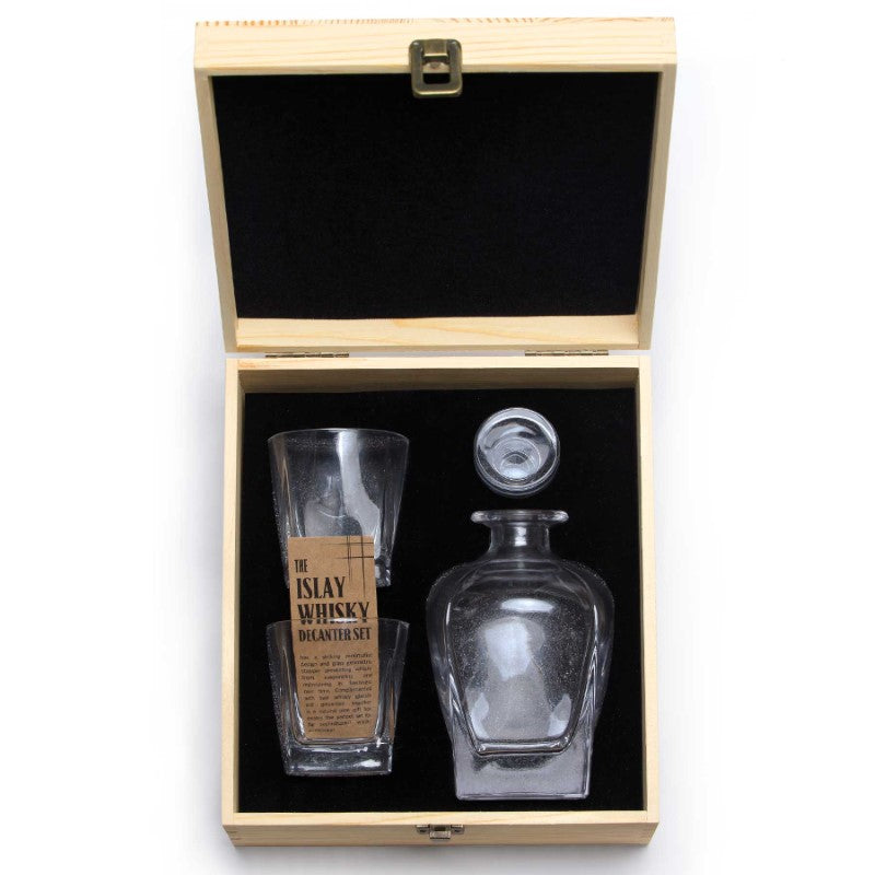 Islay Whisky Decanter Set featuring a crystal decanter with geometric stopper and two insulated glasses in a luxurious box.