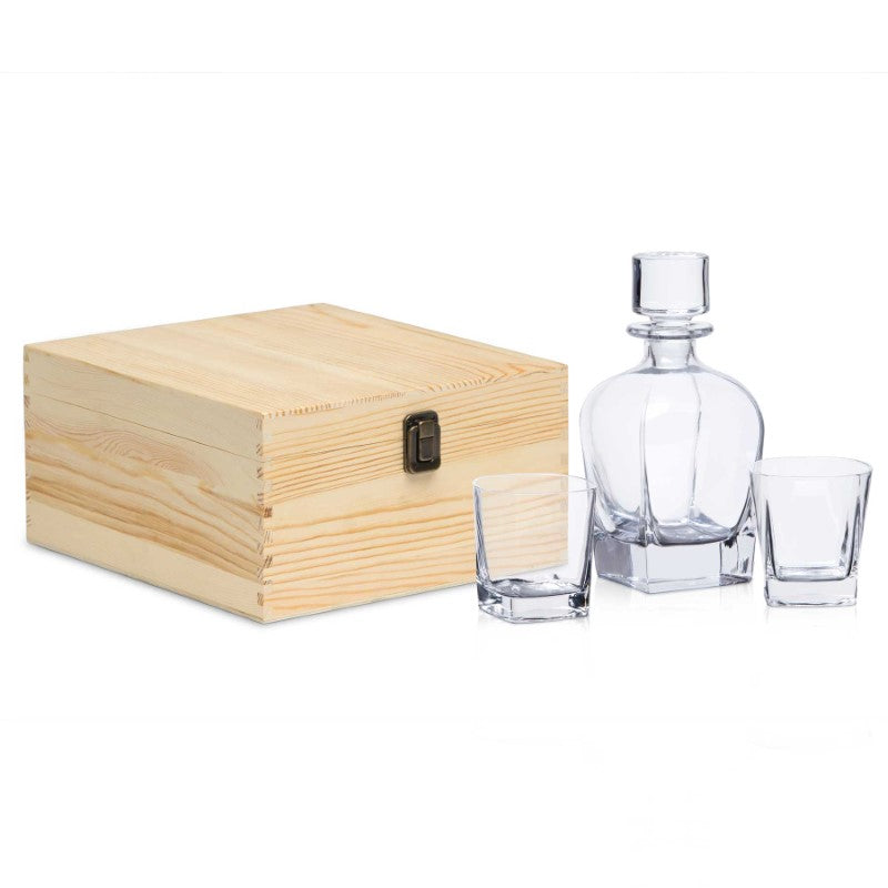 Elegant Islay Whisky Decanter Set with lead-free crystal decanter and two insulated glasses, presented in a stylish pine box.