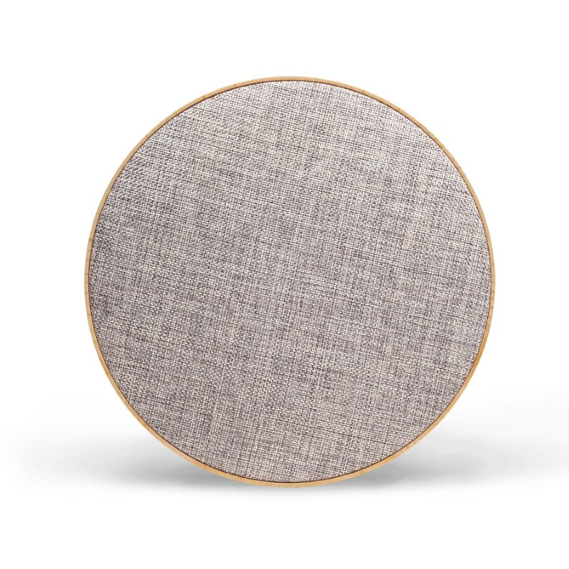 Stylish Lounge Disc Bluetooth Speaker with fabric face, wood grain housing, 10W output, and 4.5 hours playtime.