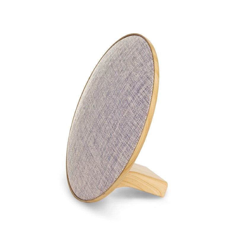Lounge Disc Bluetooth Speaker with fabric face, wood grain housing, 10W output, and 4.5 hours playtime in stylish box.