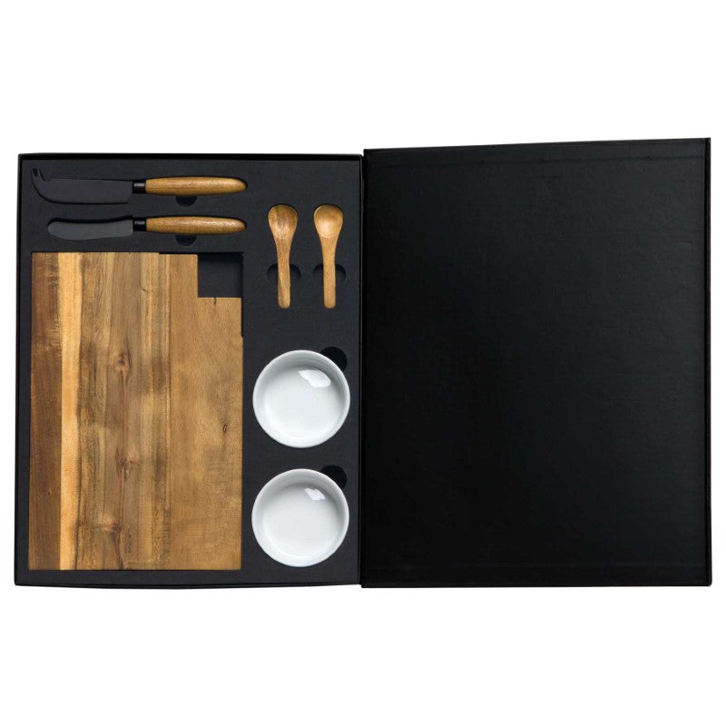 Meze Gourmet Set: 7-piece acacia wood serving collection with elegant knives, bowls, and a stylish serving board for entertaining.
