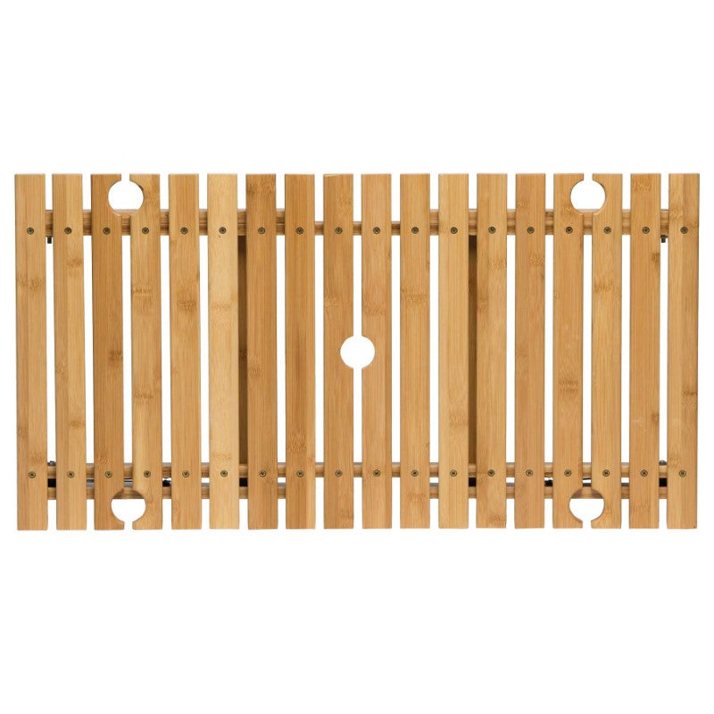 Ombrello Tavolo Table: A foldable bamboo outdoor table with wine glass holders and umbrella hole for gatherings and picnics.