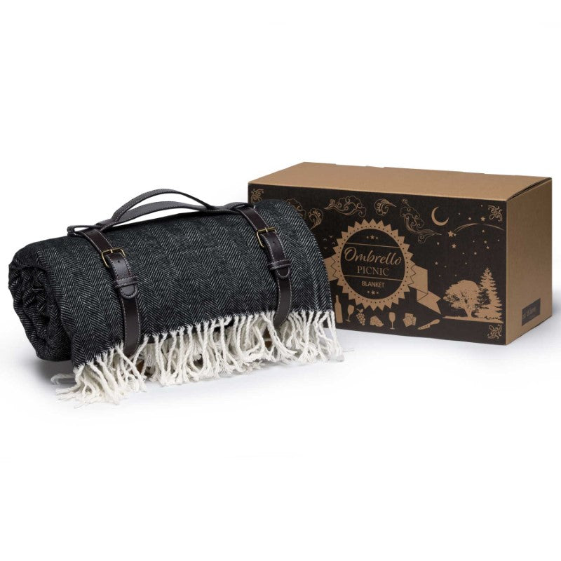 Ombrello Picnic Blanket with herringbone weave, faux wool feel, waterproof backing, and umbrella hole for outdoor comfort.