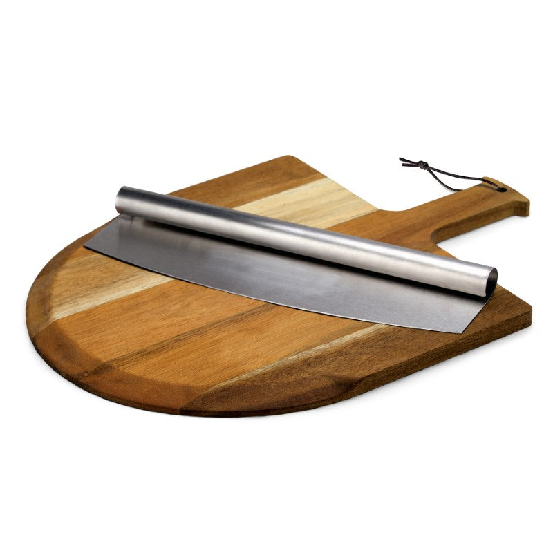 Acacia wood Pizza Peel Set with stainless steel cutter, featuring an elegant design and unique wood grain for perfect pizza transfers.