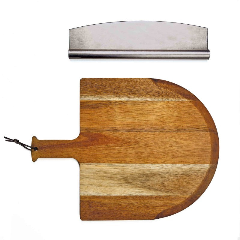 Pizza Peel Set of Acacia hardwood with stainless steel cutter, ideal for easy pizza serving and slicing, uniquely crafted.
