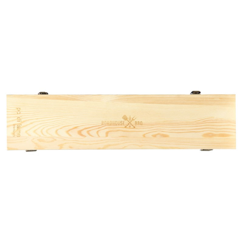 Premium 20-inch stainless steel BBQ tongs with rosewood handles, engraved logo, and antique brass hardware, presented in a pine box.