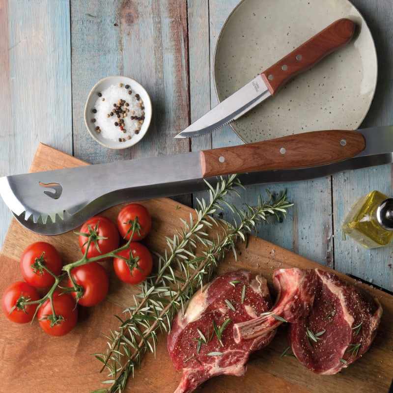 Premium 20-inch stainless steel BBQ tongs with rosewood handles, engraved logo, and elegant presentation box.