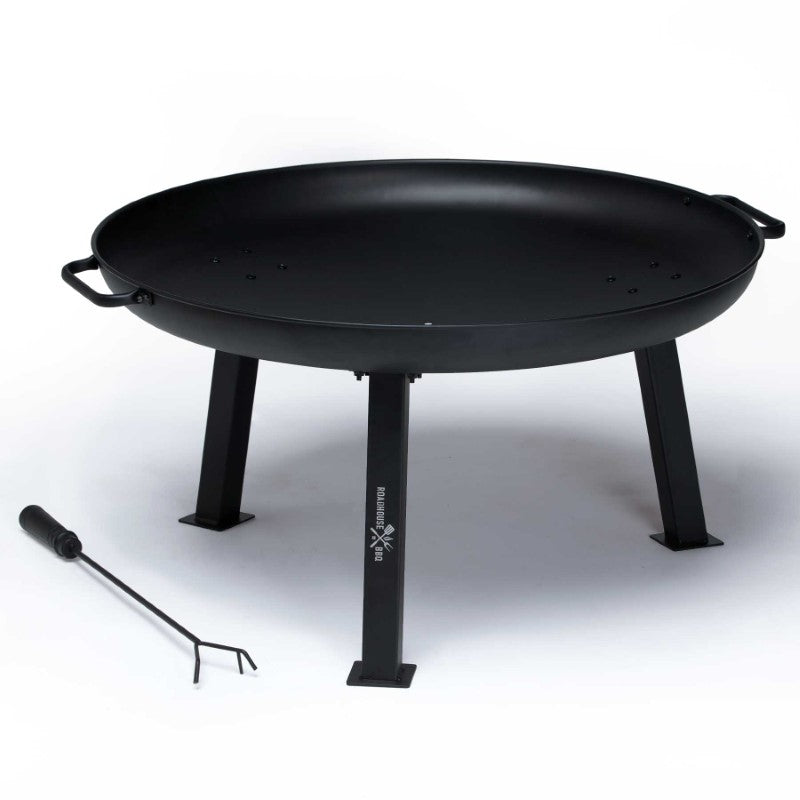 Black powder-coated fire pit with engraved logo, side handles, and sturdy legs for outdoor gatherings and warmth.