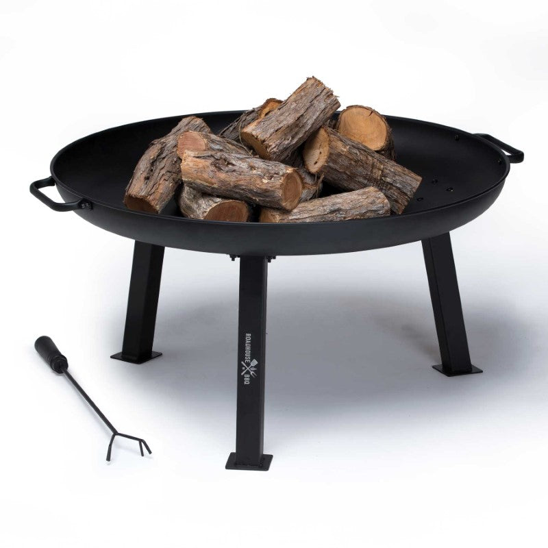 Black powder-coated steel fire pit with engraved logo, side handles, and stable legs, ideal for outdoor gatherings.