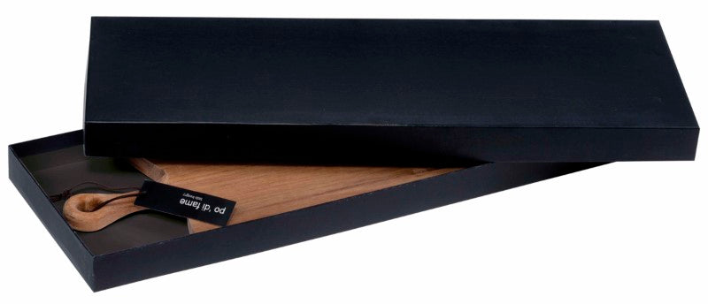 Elegant Acacia hardwood serving board with integrated handle, ideal for platters and charcuterie, beautifully packaged.