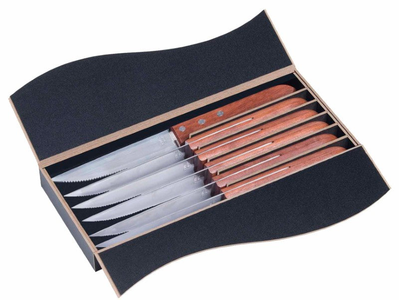 Elegant 6-piece steak knife set with 5-inch serrated blades and rosewood handles, presented in a sleek black MDF storage box.