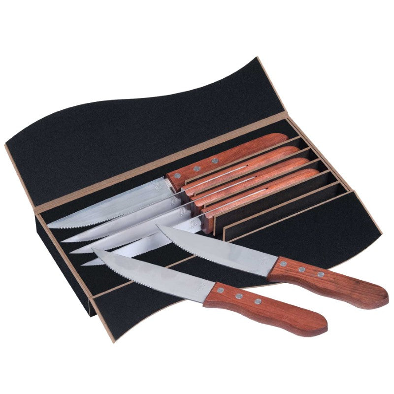 Set of 6 premium steak knives with serrated blades and rosewood handles, elegantly stored in a black MDF gift box.