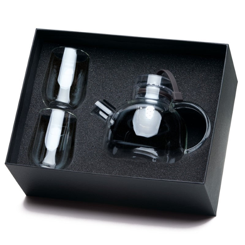 Elegant Tea For 2 Set featuring a 1L borosilicate glass teapot and two double-walled tea glasses for sharing moments.