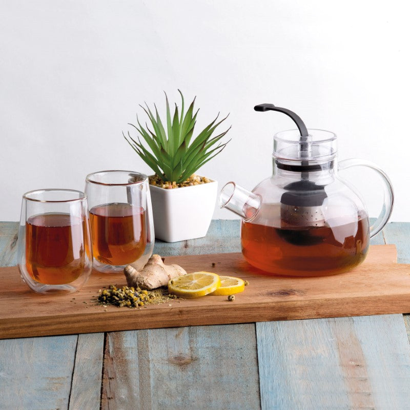 Elegant 3-piece Tea For 2 Set with a 1L glass teapot and two double-walled tea glasses, perfect for sharing tea time.