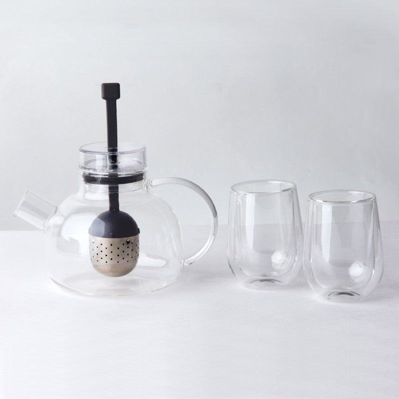 Elegant Tea For 2 Set featuring a 1L glass teapot and two 180ml double-walled glasses, perfect for sharing delightful moments.
