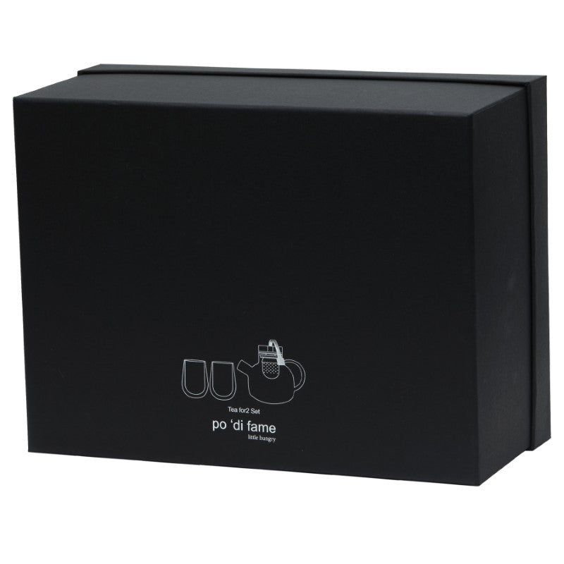 Elegant tea for two set featuring a 1L borosilicate glass teapot and two double-walled glasses in a sleek presentation box.