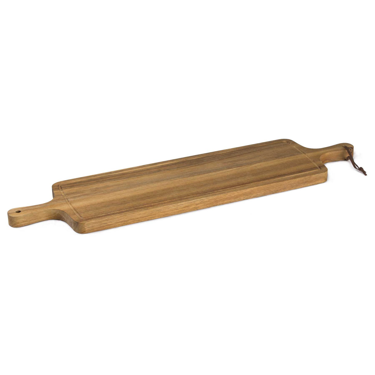 Elegant Acacia wood tapas serving board with dual handles, juice rim, and leather loop for easy hanging. Perfect for entertaining.