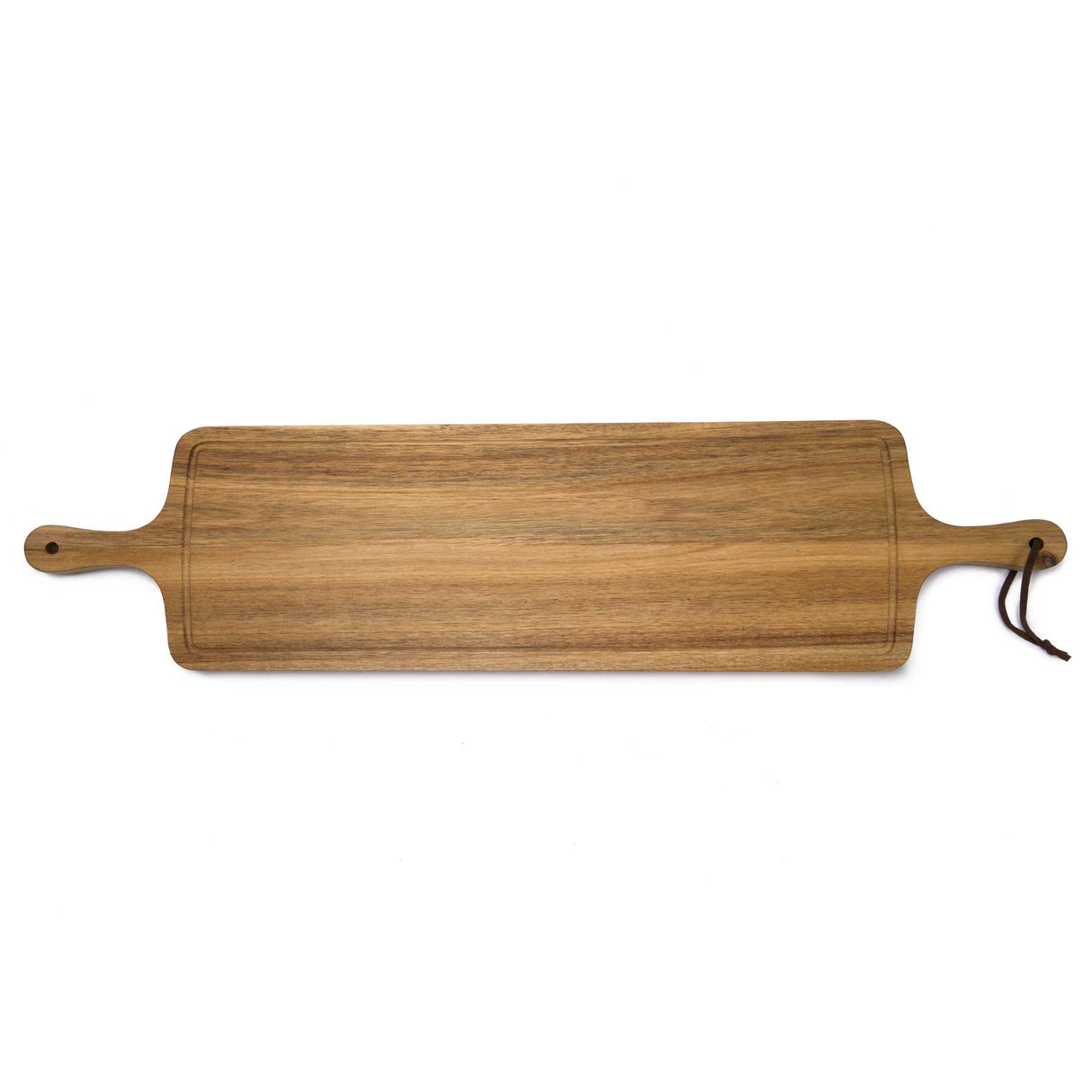 Elegant Acacia hardwood tapas serving board with dual handles, juice rim, and unique wood grain; perfect for hosting.