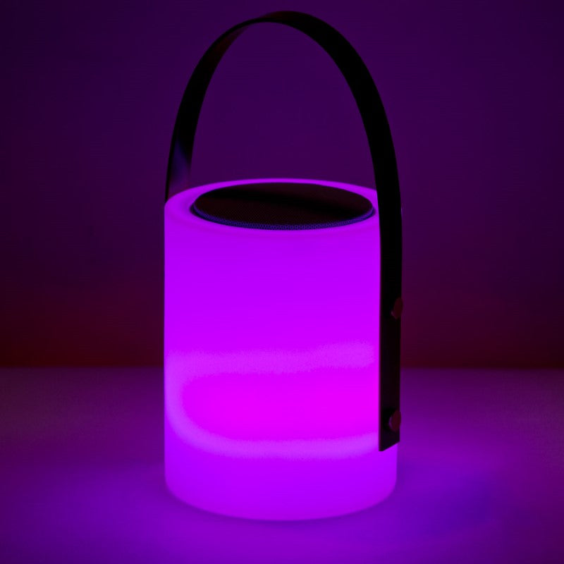 Elegant Twilight Speaker Lamp with RGB LEDs, 10W speaker, Bluetooth, and sleek white design – perfect for indoor and outdoor use.